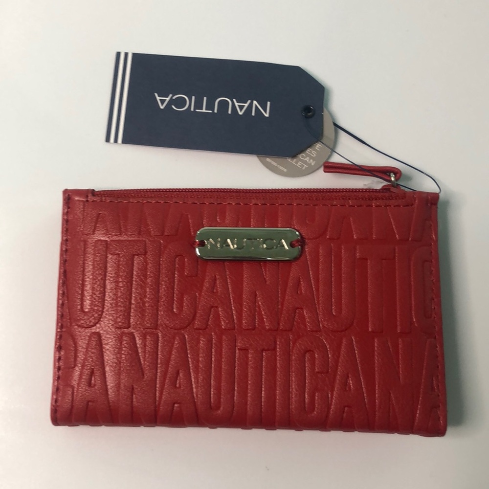 Nautica nwt red logo rfid top zip bifold wallet 5.25 x 3.25